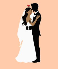Romantic wedding couple silhouette embracing ,elegant bride and groom vector illustration