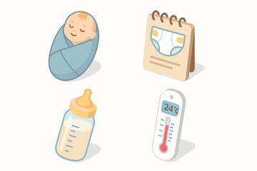 Baby essentials: swaddle, diaper calendar, bottle, thermometer icons