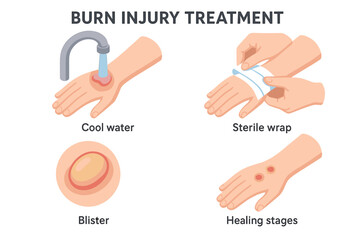 Burn injury treatment guide with cooling, wrapping, blister, and healing stages