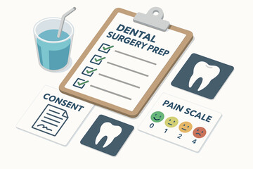 Dental surgery preparation checklist with consent form and pain scale icons