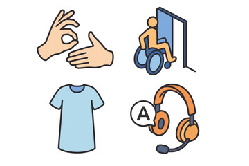 Accessibility symbols: sign language, wheelchair access, clothing, audio support icons