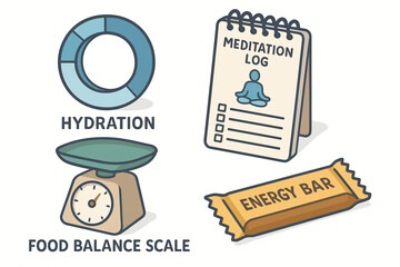 Wellness essentials: hydration, meditation, nutrition, and balance scale