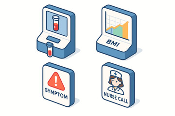 Medical icons: blood tests, bmi, symptoms, nurse call in healthcare isometric design