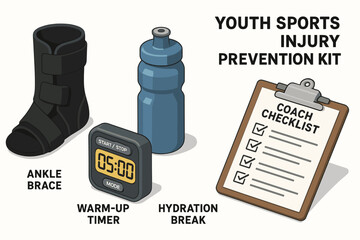 Youth sports injury prevention kit with ankle brace, timer, water bottle, and coach checklist