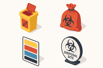 Medical waste disposal: bin, bag, color code, and disposal site signage