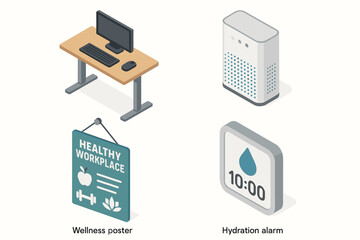 Isometric office essentials: desk, air purifier, wellness poster, hydration alarm