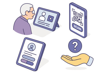 Elderly caucasian man uses digital id verification on devices with qr code and security features