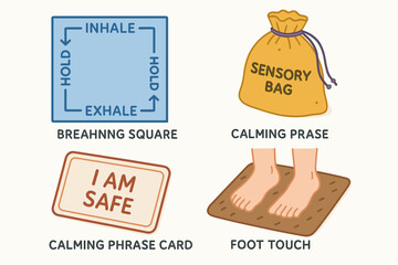 Calming strategies for stress relief: breathing, sensory bag, calming phrase, foot touch