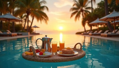 Obraz premium Breakfast served in pool at resort. Tray with juice pancakes and fruit floating on water. Sunset view with palm trees and sunbeds. Vacation food and travel concept.