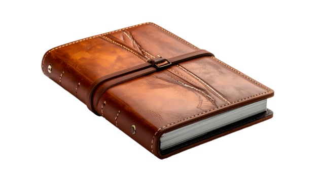 Rustic brown leather journal with strap, against a black background