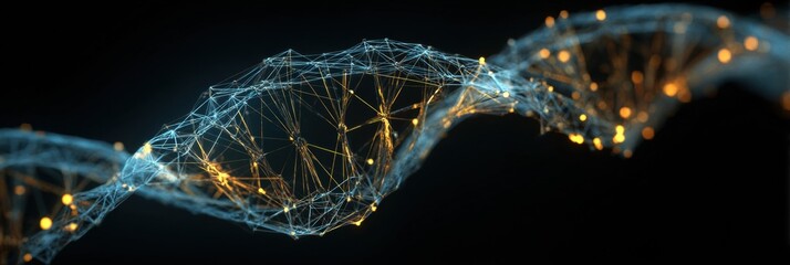 A captivating digital representation of a DNA strand featuring interwoven lines and glowing points against a dark background, showcasing biological intricacy.