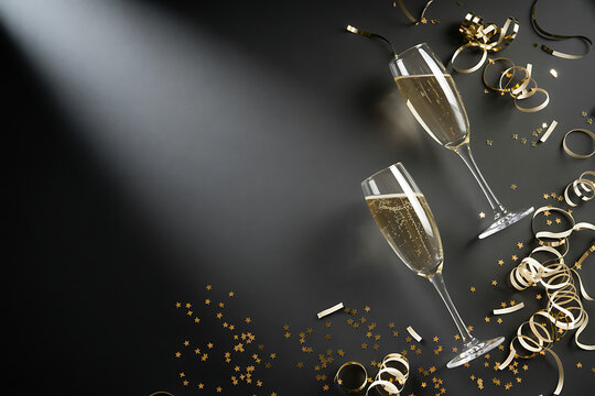 Celebrate with style Two champagne flutes and shimmering gold confetti create a modern festive atmosphere perfect for your next celebration