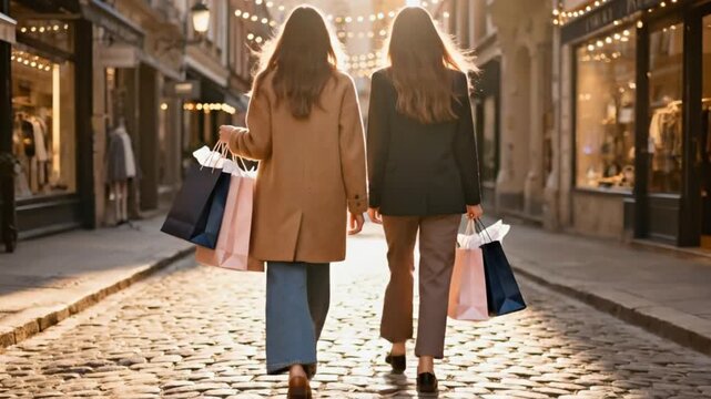 Caucasian women with shopping bags walking on street