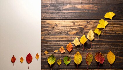 木のテーブルに並んだ秋の落ち葉のグラフAutumn leaves arranged in a gradient on a wooden table generative ai