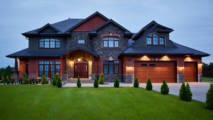 Fototapeta premium Elegant two story home with stone and brick facade under a twilight sky