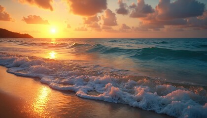 Sunset glows over calm ocean waves gently washing onto a sandy beach. Golden light reflects on water and shore. Tropical island coastline appears in distance during twilight.