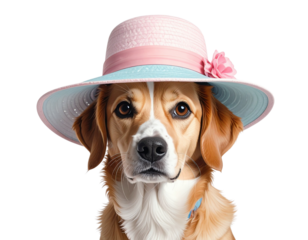 Cute dog wearing a pink and blue hat isolated on black background isolated on white background isolated on transparent background