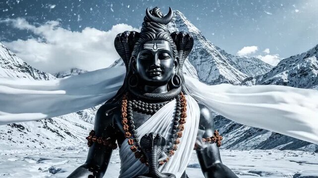 Statue of Lord Shiva Meditating in the Snowy Himalayas.