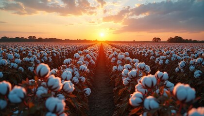 Fluffy cotton bolls grow in rows across vast field at sunset. Warm sun dips below horizon casting golden light over agricultural landscape. Rural farming scene under cloudy sky signals harvest season