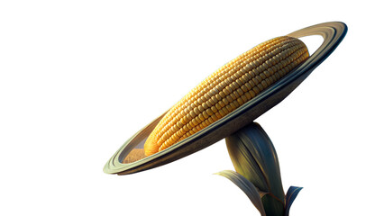 Surreal concept of a ripe ear of corn orbiting like saturn in a dark cosmic void