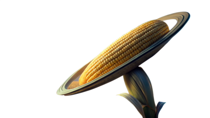 Surreal concept of a ripe ear of corn orbiting like saturn in a dark cosmic void