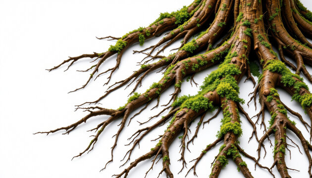 Closeup Tree Roots with Green Moss White Background