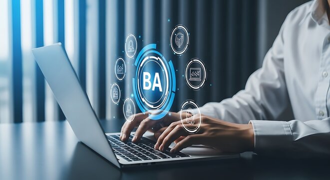 Business analyst using a laptop with a futuristic BA technology interface for data analytics.