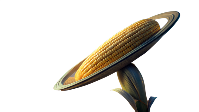 Surreal concept of a ripe ear of corn orbiting like saturn in a dark cosmic void