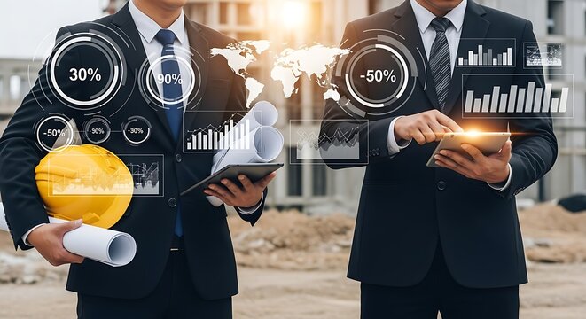 Business professionals analyzing data on construction site with digital interface.