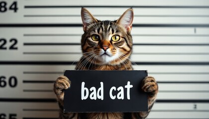 A humorous mugshot photo of tabby cat holding sign. The sign reads bad cat. Cat poses for a funny portrait. The illustration shows crime animal in a lineup.