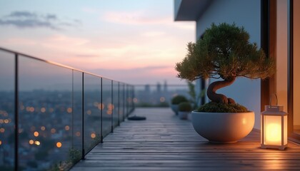Balcony with bonsai tree overlooks city at sunset. Lantern light adds warm glow to peaceful urban retreat, creating serene ambiance for relaxation and contemplation.