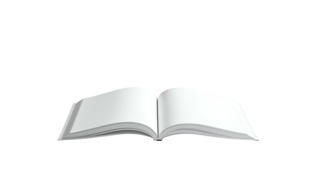 Opened blank book with white pages, lying flat