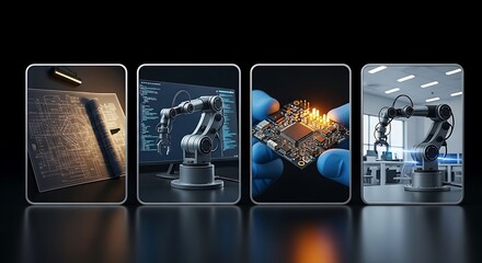 Robotic arm concept in four digital panels illustrating technology and industry
