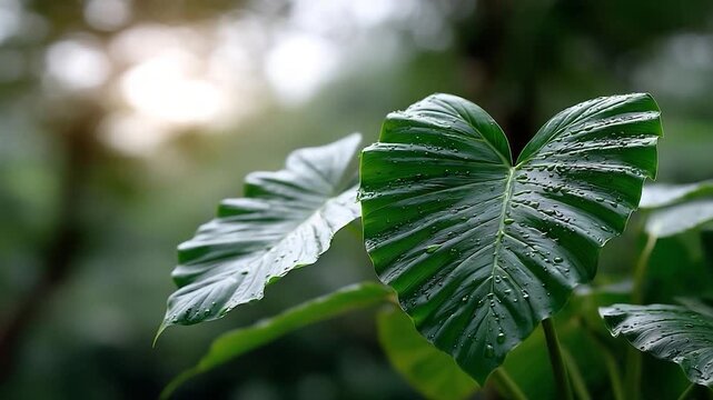 Lush Green Elephant Ear Plant Leaves in Soft Sunlight.