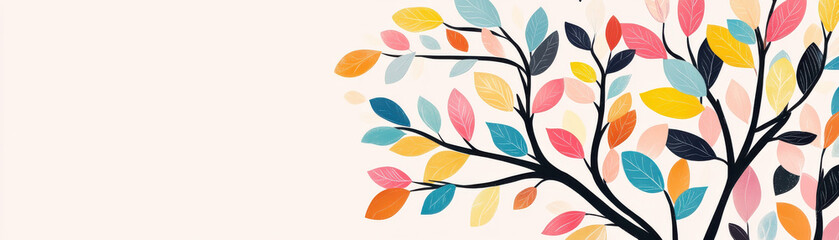 Fototapeta premium Creative abstract tree illustration with colorful leaves in shades of blue, pink, yellow, and orange on light background