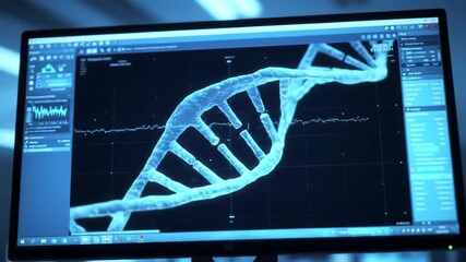 Close up view of a computer monitor displaying a glowing blue 3D model of a DNA double helix structure representing genetic research and biotechnology advancements in a modern laboratory setting. - Powered by Adobe