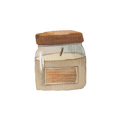 Hand-painted watercolor illustration of a cozy scented candle in a glass jar with a wooden lid, evoking warmth, comfort, and a peaceful home ambiance