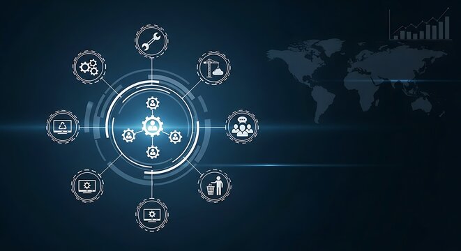 Digital technology network concept with various icons and a world map.