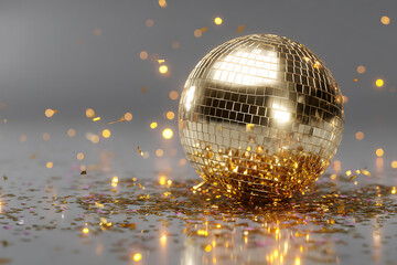 Sparkling gold disco ball gleams amidst falling confetti, capturing the vibrant essence of celebration and festive fun.
