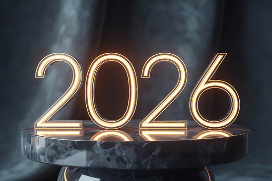 Glowing 2026 numbers illuminate a modern marble pedestal, heralding a bright future and new year celebrations with sophisticated flair.