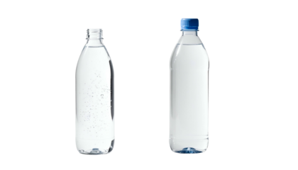 Two clear bottles filled with liquid, one capped blue