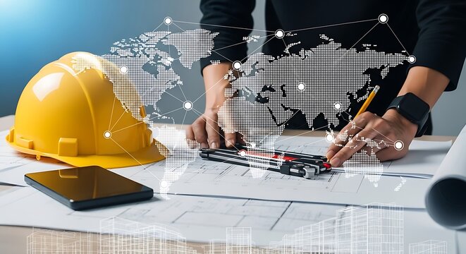 Global engineering and construction project with architect planning on blueprints.