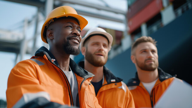 A seaport manager leading a multicultural team of dockworkers through creative planning strategies, highlighting leadership, teamwork, and innovation in logistics. three-quarter wide angle,