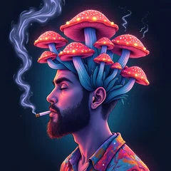 Handdoek met foto Meisjeskamer Man with mushrooms growing from head smokes cigarette. Neon glowing fungi sprout from his hair. Mind altering visual represents psychedelic experience.  © Maryna