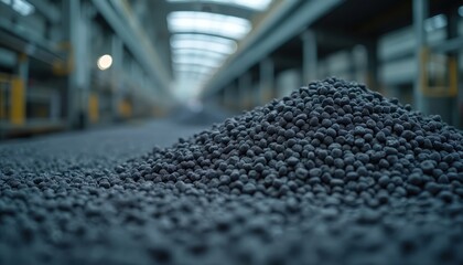 Close up of small dark pellets piled high in industrial factory. Raw material processed for manufacturing rubber products. Bulk wholesale cargo inside production plant.