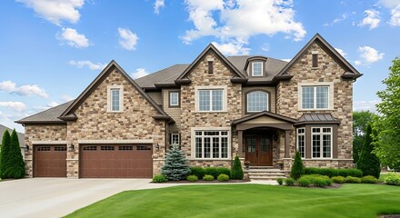 Beautiful suburban home with stone facade manicured lawn and appealing architecture
