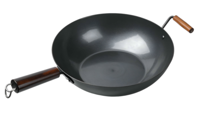 Metallic wok with two wooden handles isolated on a black background