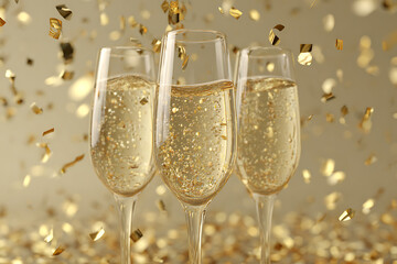 Celebrate success with elegant champagne glasses shimmering with golden bubbles and falling confetti, a toast to joyous moments and festive occasions.