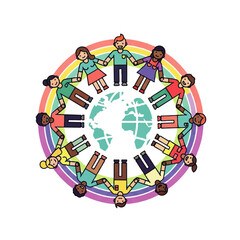 United diverse people holding hands around the globe, symbolizing peace, unity, and harmony. A vibrant illustration of global connection, community, and acceptance