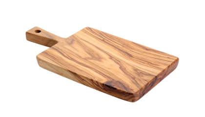 Olive wood cutting board, handle to left, texture detail visible